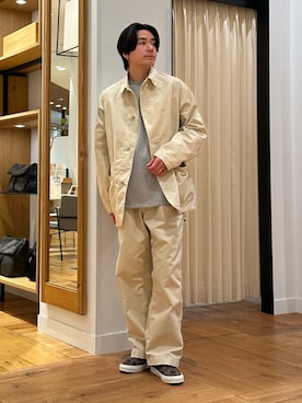 「FORK&SPOON（フォークアンドスプーン）のFORK&SPOON　PEダックカバーオール（カバーオール、ホワイト系）」を使った、キムラさん（メンズ・177cm）の春コーディネート