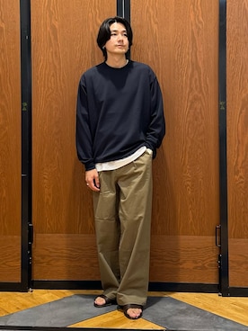 「TOHA（トハ）のリカバリーウェアカットソー長袖/ロングパンツ（ルームウェア/パジャマ、ブルー系）」を使った、キムラさん（メンズ・177cm）の夏コーディネート