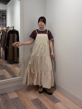 「CPCM（シーピーシーエム）のスラブリンガーT（Tシャツ/カットソー、ブラウン系）」を使った、みおさん（レディース・156cm）の春コーディネート