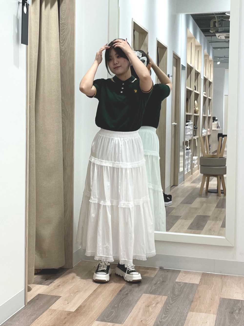 「カジュアル、スカート、甘めカジュアル、ポロシャツ」｜「CPCMの【U.S. POLO ASSN.】1ポイント刺繍ポロシャツ（ポロシャツ、グリーン系）」を使った、みおさん（骨格ストレート・レディース・155cm）の夏コーディネートの1枚目の写真