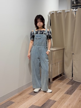「CPCM（シーピーシーエム）のウエストリボンデニムサロペット（ワンピース、ブルー系）」を使った、みおさん（レディース・156cm）の春コーディネート