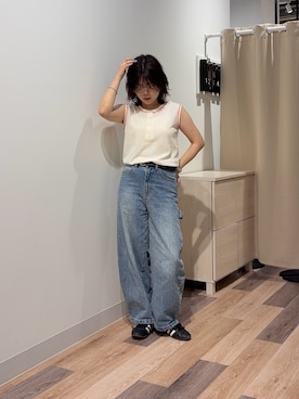 「CPCM（シーピーシーエム）の接触冷感ワッフル2WAYタンク（キャミソール、ホワイト系）」を使った、みおさん（レディース・156cm）の春コーディネート
