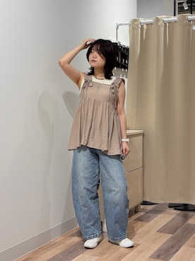 「CPCM（シーピーシーエム）のレーヨンフリルセットアップ（ワンピース、ベージュ系）」を使った、みおさん（レディース・156cm）の夏コーディネート