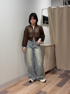 「U.S. POLO ASSN.（ユーエスポロアッスン）の襟付きメッシュカーディガン（カーディガン/ボレロ、ブラウン系）」を使った、みおさん（レディース・156cm）の春コーディネート