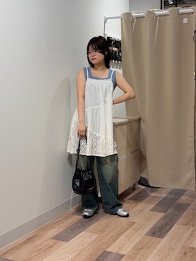 「CPCM（シーピーシーエム）のスクエアリブタンク（キャミソール、ブルー系）」を使った、みおさん（レディース・156cm）の春コーディネート