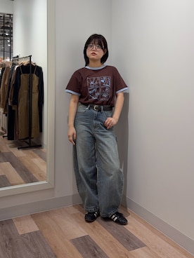 「CPCM（シーピーシーエム）のスラブリンガーT（Tシャツ/カットソー、ブラウン系）」を使った、みおさん（レディース・156cm）の春コーディネート