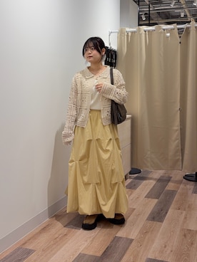 「CPCM（シーピーシーエム）の襟付きクロシェカーディガン（シャツ/ブラウス、ホワイト系）」を使った、みおさん（レディース・156cm）の春コーディネート