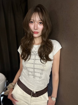 「FANCY CLUB（ファンシークラブ）のFANCY CLUB／ボートネックＴシャツ（Tシャツ/カットソー、グレー系）」を使った、itoru1003さん（レディース）の夏コーディネート