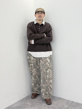 「niko and...（ニコアンド）のカラー刺繍チェックCAP（キャップ、ブラウン系）」を使った、堀井圭さん（メンズ・172cm）の秋コーディネート
