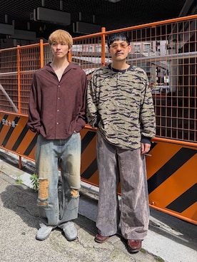 「niko and...（ニコアンド）の総柄プリント開襟シャツ（シャツ/ブラウス、ブラウン系）」を使った、堀井圭さん（メンズ・172cm）の夏コーディネート