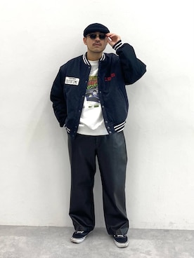 「アイテム（スタジャン）」を使った、堀井圭さん（メンズ・172cm）の秋コーディネート