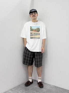 「Healthknit（ヘルスニット）の【Healthknit(ヘルスニット)】シンカー2本ライン 3Pソックス（ソックス/靴下、グリーン系）」を使った、堀井圭さん（メンズ・172cm）の夏コーディネート