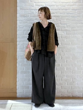 「studio CLIP（スタディオクリップ）の【Keds】ロゴトート（Tote、ブラウン系）」を使った、Rieさん（レディース・168cm）の秋コーディネート