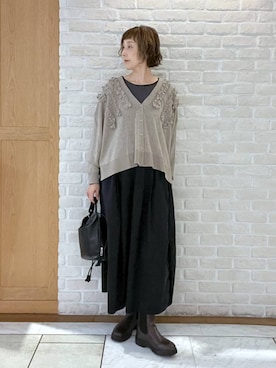 「studio CLIP（スタディオクリップ）の巾着トート&ショルダーバッグ（Shoulderbag、ブラック系）」を使った、Rieさん（レディース・168cm）の秋コーディネート