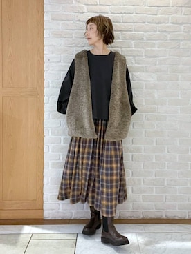 「studio CLIP（スタディオクリップ）の《natural by clip》《店舗限定》リネンレーヨンアソートチェックスカート（Skirt、イエロー系）」を使った、Rieさん（レディース・168cm）の秋コーディネート