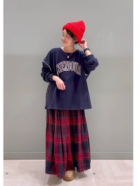 「アイテム（帽子、レッド系）」を使った、ともちんさん（レディース・153cm）の冬コーディネート