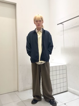 「SENSE OF PLACE by URBAN RESEARCH(センスオブプレイスバイアーバンリサーチ)のピンストライプタックワイドスラックス(その他パンツ、ブラウン系)」を使った、dandayoさん(メンズ・166cm)の春コーディネート