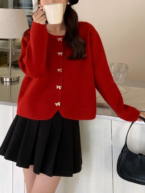 セール】リボン釦ニットカーディガン（カーディガン/ボレロ）｜Girly