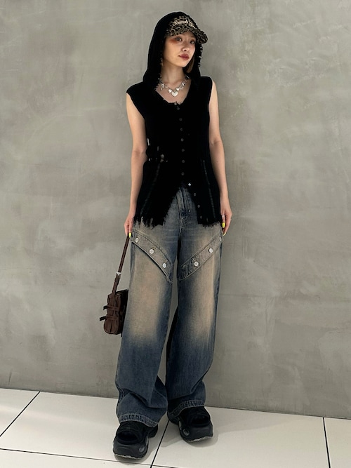 セール】FRONT BUTTON KNIT HOODIE フロントボタン ニット フーディ