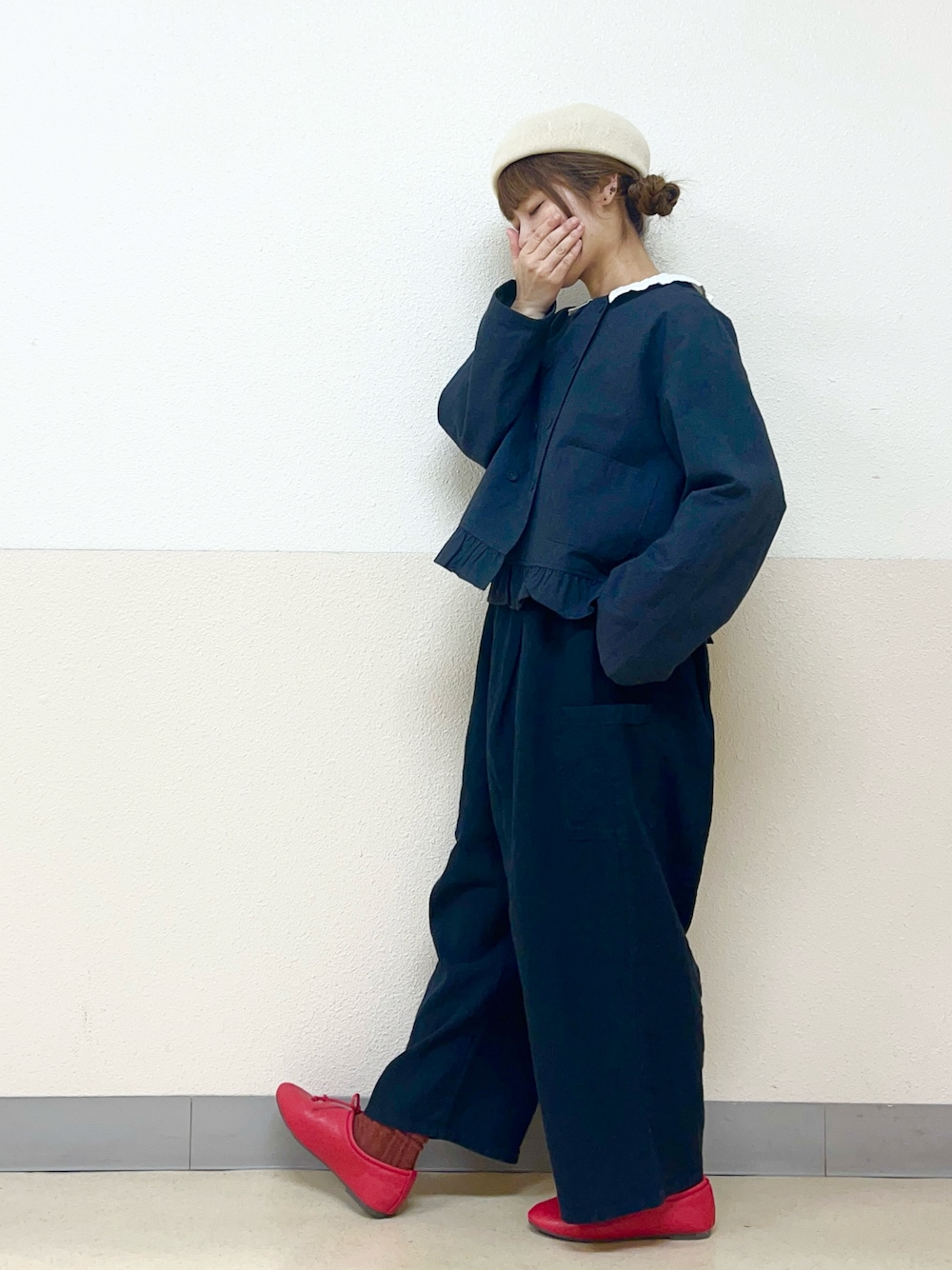 「ベレー帽推奨委員会、帽子かぶろう会、イオンモール浜松志都呂、サマンサ モスモス(Samansa Mos2)、低身長コーデ、低身長女子、ジャケットスタイル、クロスリネン」｜「Samansa Mos2の【消臭効果】リネン混ベレー帽（ハット、ホワイト系）」を使った、も  な  こさん（レディース・152cm）の春コーディネートの1枚目の写真