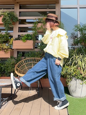 「Samansa Mos2（サマンサ モスモス）のアイテム（シャツ/ブラウス、イエロー系）」を使った、な  こさん（レディース・152cm）の秋コーディネート