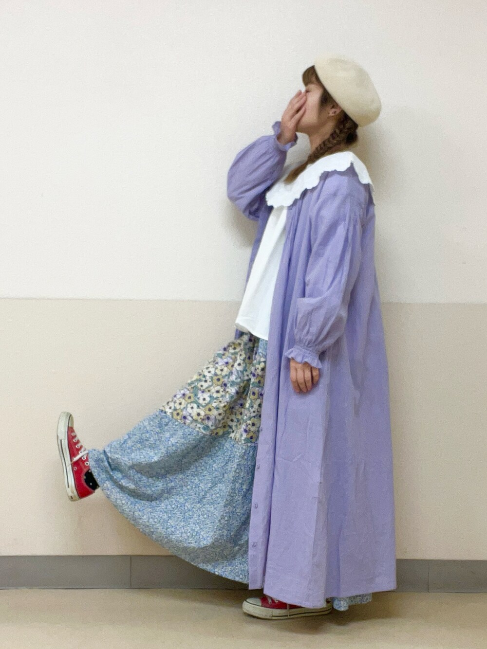 「レイヤードスタイル、初春コーデ、レイヤード、大人ガーリー、シャツワンピ、ブラウスコーデ、ベレー帽推奨委員会、帽子かぶろう会、サマンサ モスモス(Samansa Mos2)、イオンモール浜松志都呂、スタッフ」｜「Samansa Mos2のアイテム（ワンピース/ドレス、パープル系）」を使った、も  な  こさん（レディース・152cm）の冬コーディネートの1枚目の写真