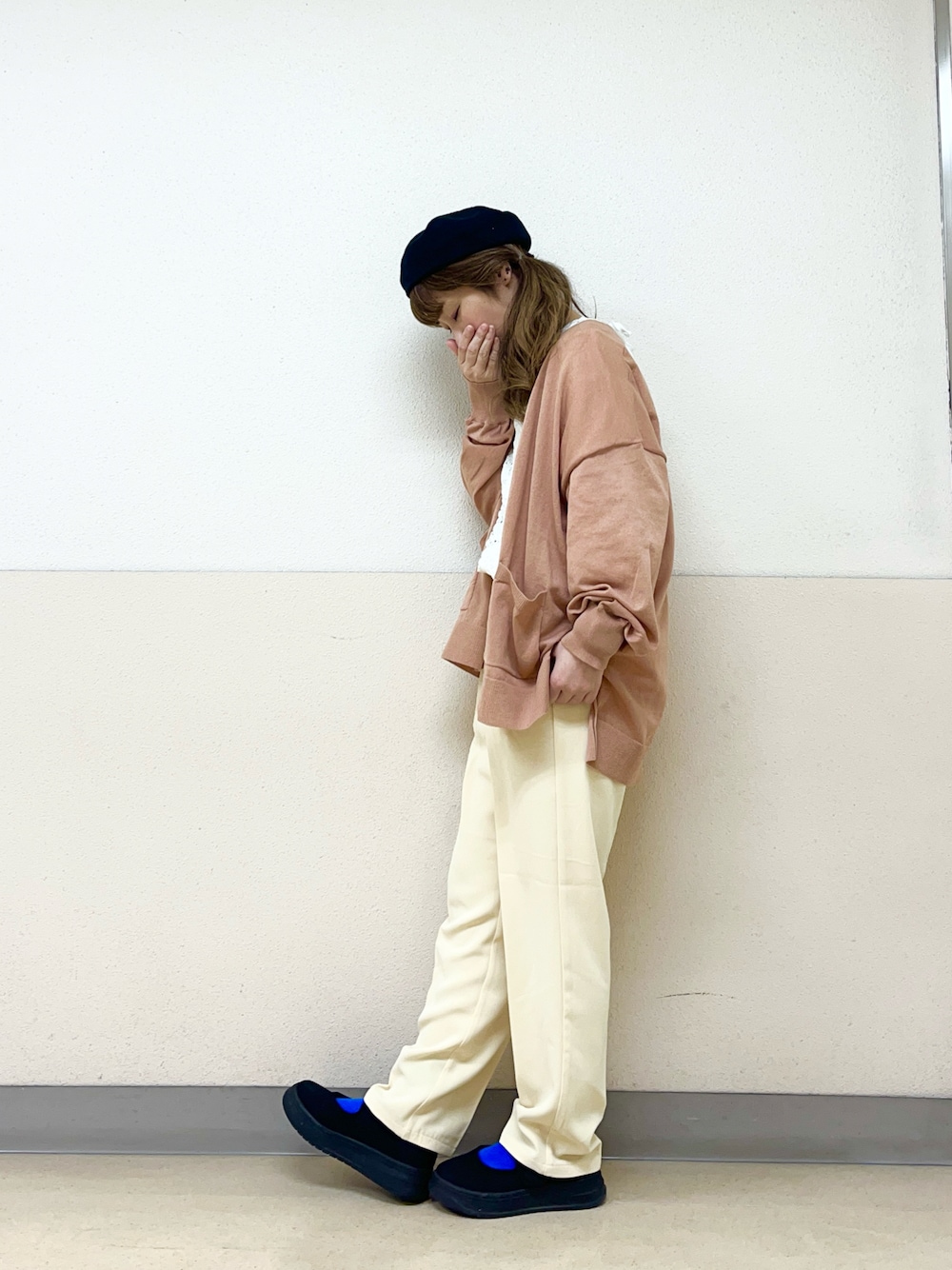 「カジュアルスタイル、夏服、ママファッション、帽子かぶろう会、ベレー帽推奨委員会、サマンサモスモスブルー、イオンモール浜松志都呂、レーストップス、シンプルコーデ、低身長コーデ、低身長女子」｜「Samansa Mos2の【消臭効果】リネン混ベレー帽（ハット、ブラック系）」を使った、も  な  こさん（レディース・152cm）の夏コーディネートの1枚目の写真