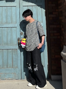 「cussil（クシル）の【cussil/クシル】メランジツイードタッチボーダーハーフスリーブＴシャツ（Tシャツ/カットソー、ブラック系）」を使った、shuさん（メンズ・172cm）の夏コーディネート