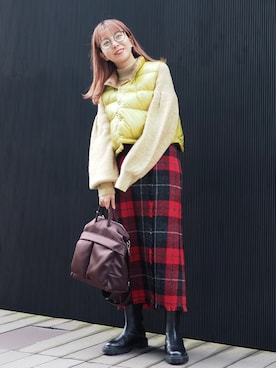 「アイテム（ダウンベスト、ブラウン系）」を使った、k a m e 𓅮さん（レディース・158cm）の秋コーディネート