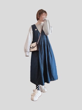 「デニムワンピース」｜「アイテム（その他）」を使った、Moonさん（レディース・156cm）の春コーディネート