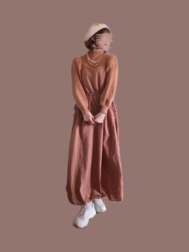 「アイテム（ジャンパースカート、オレンジ系）」を使った、Moonさん（レディース・156cm）の春コーディネート