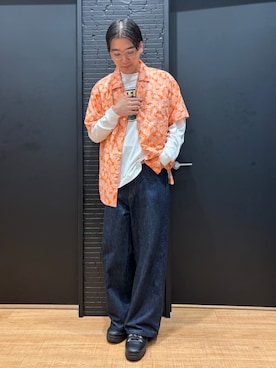 「Eddie Bauer（エディーバウアー）のバハ キャンプ 半袖シャツ（シャツ/ブラウス、オレンジ系）」を使った、ebkouhokuさん（メンズ・175cm）の夏コーディネート