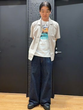 「Eddie Bauer（エディーバウアー）のノベルティ キャンプ 半袖シャツ（シャツ/ブラウス、ベージュ系）」を使った、ebkouhokuさん（メンズ・175cm）の夏コーディネート