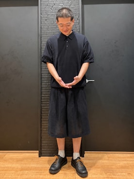 「Eddie Bauer（エディーバウアー）のmen's FUDGE×Eddie Bauer ウールニットポロシャツ（ポロシャツ、ブルー系）」を使った、ebkouhokuさん（メンズ・175cm）の夏コーディネート