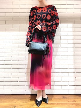 「Desigual（デシグアル）の【Desigual × Nicki Nicole】フラワーモチーフクロシェ編みフリンジロングスリーブニット（ニット/セーター、ブラック系）」を使った、Desigual 西宮阪急 STAFFさん（レディース・170cm）の春コーディネート