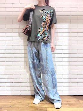 「Desigual（デシグアル）の【Desigual】タイガーグラフィックTシャツ／グレー／2026秋冬新作（Tシャツ/カットソー、ブラック系）」を使った、Desigual 西宮阪急 STAFFさん（レディース・170cm）の夏コーディネート