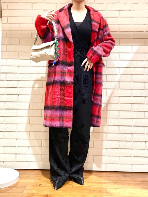レッドタータンチェック Vネックロングウールコート 韓国風