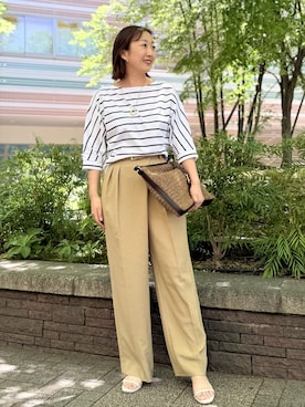 「NOLLEY’S（ノーリーズ）のウォッシャブルラップ風ワイドパンツ（その他パンツ、イエロー系）」を使った、Kagawaさん（レディース・161cm）の夏コーディネート