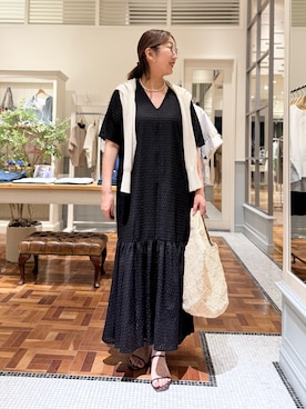 「NOLLEY’S（ノーリーズ）のウォッシャブルジオメトリック柄ワンピース（ワンピース、ブラック系）」を使った、Kagawaさん（レディース・161cm）の夏コーディネート