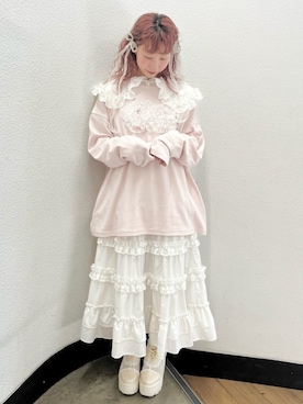 「merry jenny（メリージェニー）のinu！？チュールロンTee（Tシャツ/カットソー、ピンク系）」を使った、kotochiさん（レディース・155cm）の春コーディネート