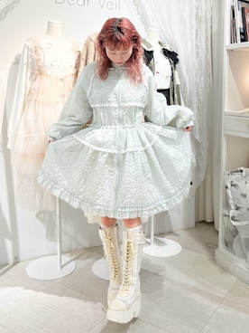 「merry jenny（メリージェニー）のジャガードフードミニワンピース（ワンピース、グリーン系）」を使った、kotochiさん（レディース・155cm）の春コーディネート