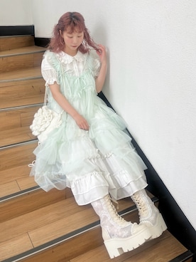 「merry jenny（メリージェニー）のフリルカラーパフブラウス（シャツ/ブラウス、ホワイト系）」を使った、kotochiさん（レディース・155cm）の春コーディネート