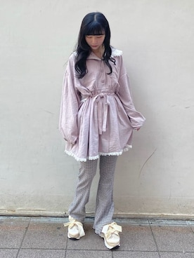 「merry jenny（メリージェニー）のギャザーギンガムフレアパンツ（その他パンツ）」を使った、kotochiさん（レディース・154cm）の夏コーディネート