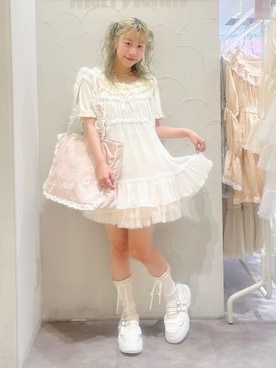 「merry jenny（メリージェニー）のromantic frill summer top（Tシャツ/カットソー、ホワイト系）」を使った、kotochiさん（レディース・155cm）の夏コーディネート