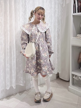 「merry jenny（メリージェニー）のfloralキルトミニワンピース（ワンピース、パープル系）」を使った、kotochiさん（レディース・155cm）の秋コーディネート