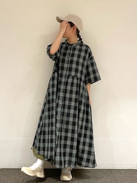 「チェックワンピース」｜「アイテム（帽子）」を使った、松さん（レディース・153cm）の春コーディネート
