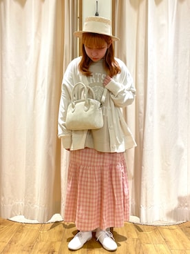 「ギンガムチェック」｜「アイテム（スカート、ピンク系）」を使った、松さん（レディース・152cm）の春コーディネート
