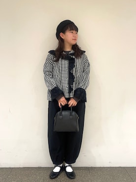 「レースブラウス」｜「アイテム（ハンチング/ベレー帽）」を使った、松さん（レディース・153cm）の春コーディネート