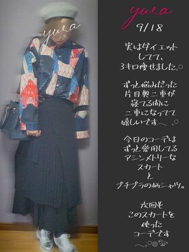 「no brand（ノーブランド）のアイテム（スカート、ブルー系）」を使った、yuraさん（レディース・158cm）の秋コーディネート