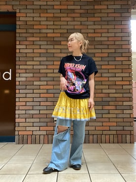 「VINTAGE（ヴィンテージ）のアイテム（Tシャツ/カットソー、ブラック系）」を使った、くみこさん（レディース・150cm）の夏コーディネート